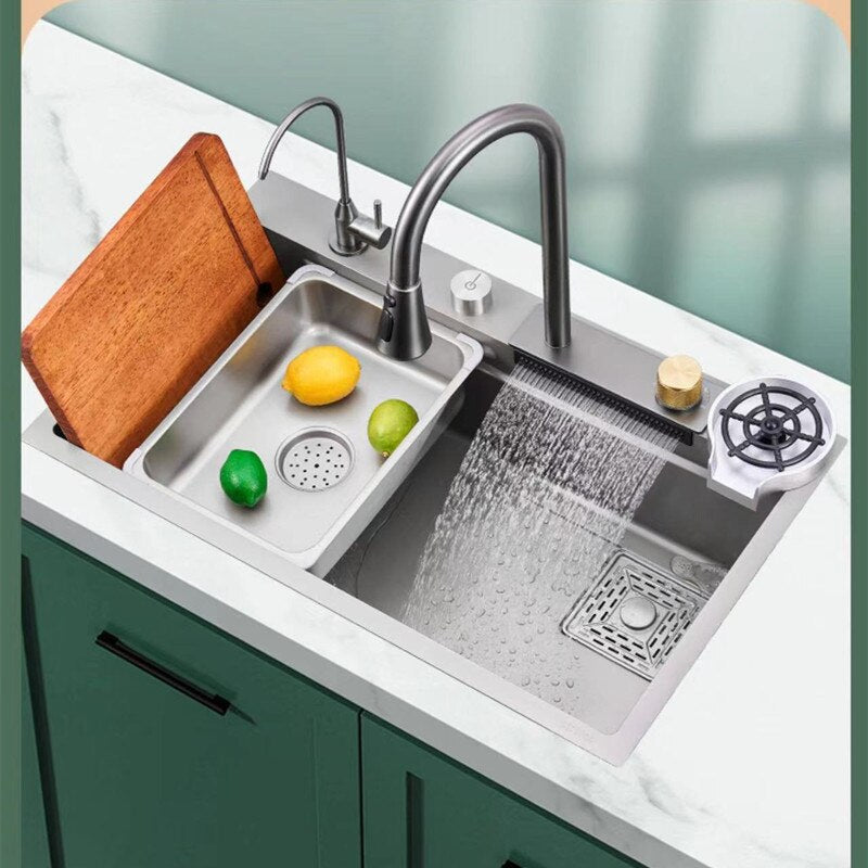 Multifunction Sink - 304 Stainless Steel Waterfall Sink Bowl With Cup Washer Workstation