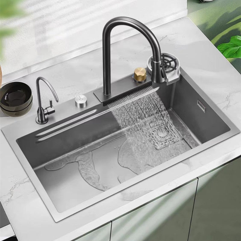 Multifunction Sink - 304 Stainless Steel Waterfall Sink Bowl With Cup Washer Workstation