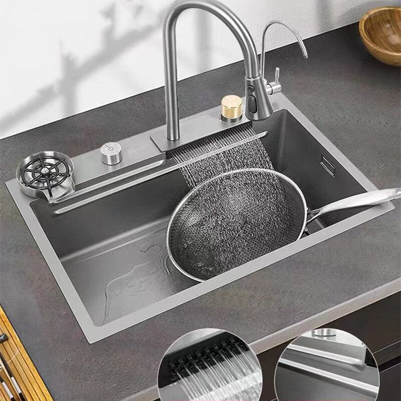 Multifunction Sink - 304 Stainless Steel Waterfall Sink Bowl With Cup Washer Workstation