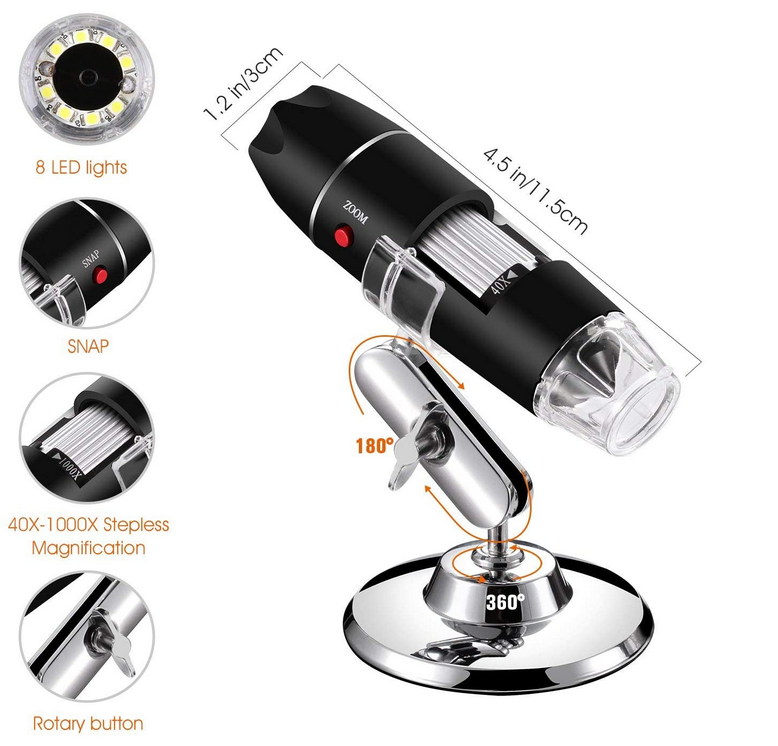 Digital USB Microscope with Carrying Case & Metal Stand, Wide Compatibity, Windows, Mac, Linux, Andriod