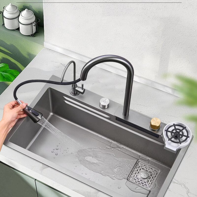 Multifunction Sink - 304 Stainless Steel Waterfall Sink Bowl With Cup Washer Workstation